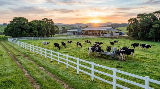 Vacas pastando em fazenda ao pôr do sol