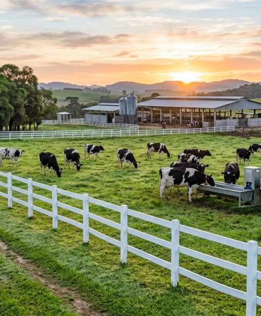 Vacas pastando em fazenda ao pôr do sol