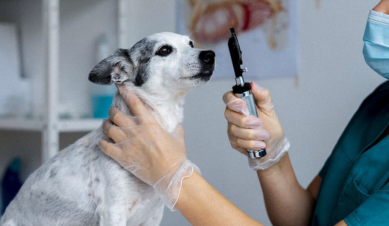 cachorro sendo examinado no veterinario