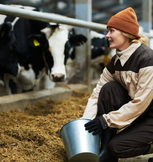 mulher trabalhadora da fazenda vaqueira com balde dando comida para o gado