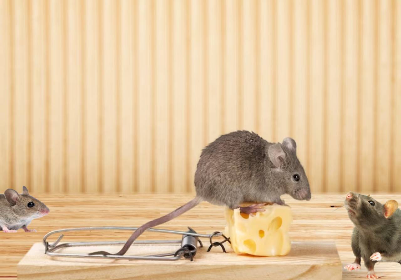 imagem de ratos perto de ratoeira armada com isca 