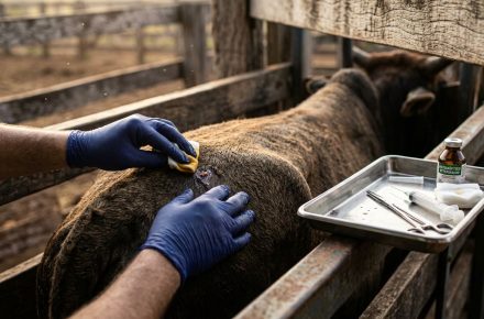 Tratamento de ferida em animal de fazenda.