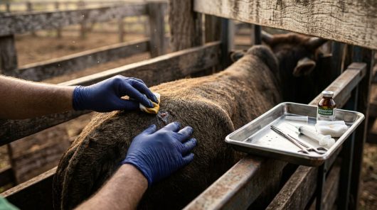 Tratamento de ferida em animal de fazenda.