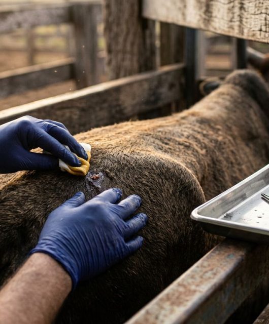 Tratamento de ferida em animal de fazenda.