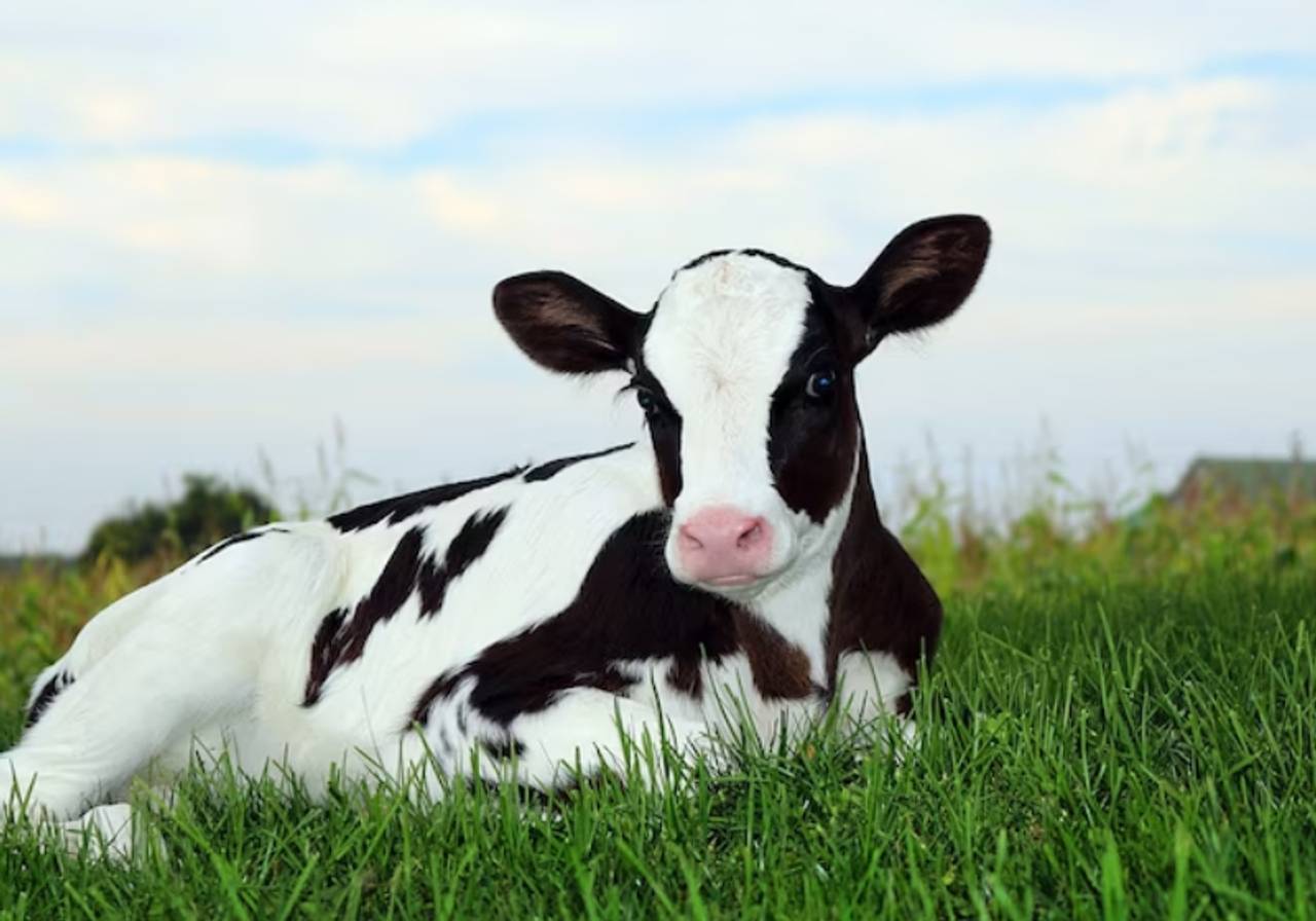 imagem de uma vaca Holandesa deitada em um pasto 