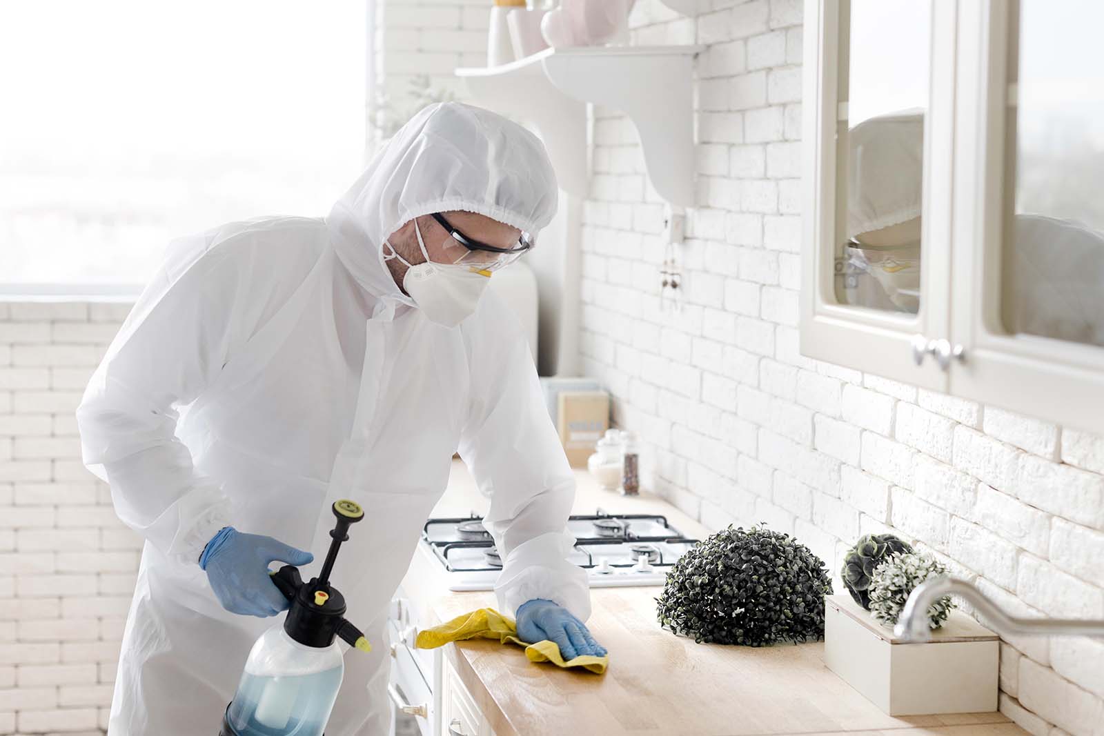 Imagem de um modelo masculino vestindo roupas de proteção contra veneno, aplicando veneno contra formigas em sua bancada de madeira da cozinha de dia 