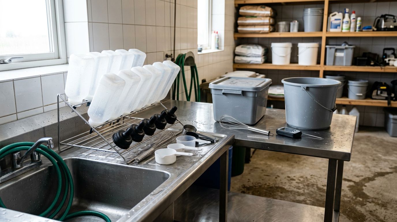 Cozinha industrial com utensílios e recipientes organizados.