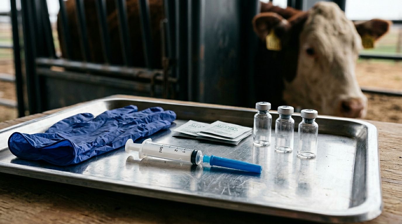 Materiais veterinários em um curral para vacinas